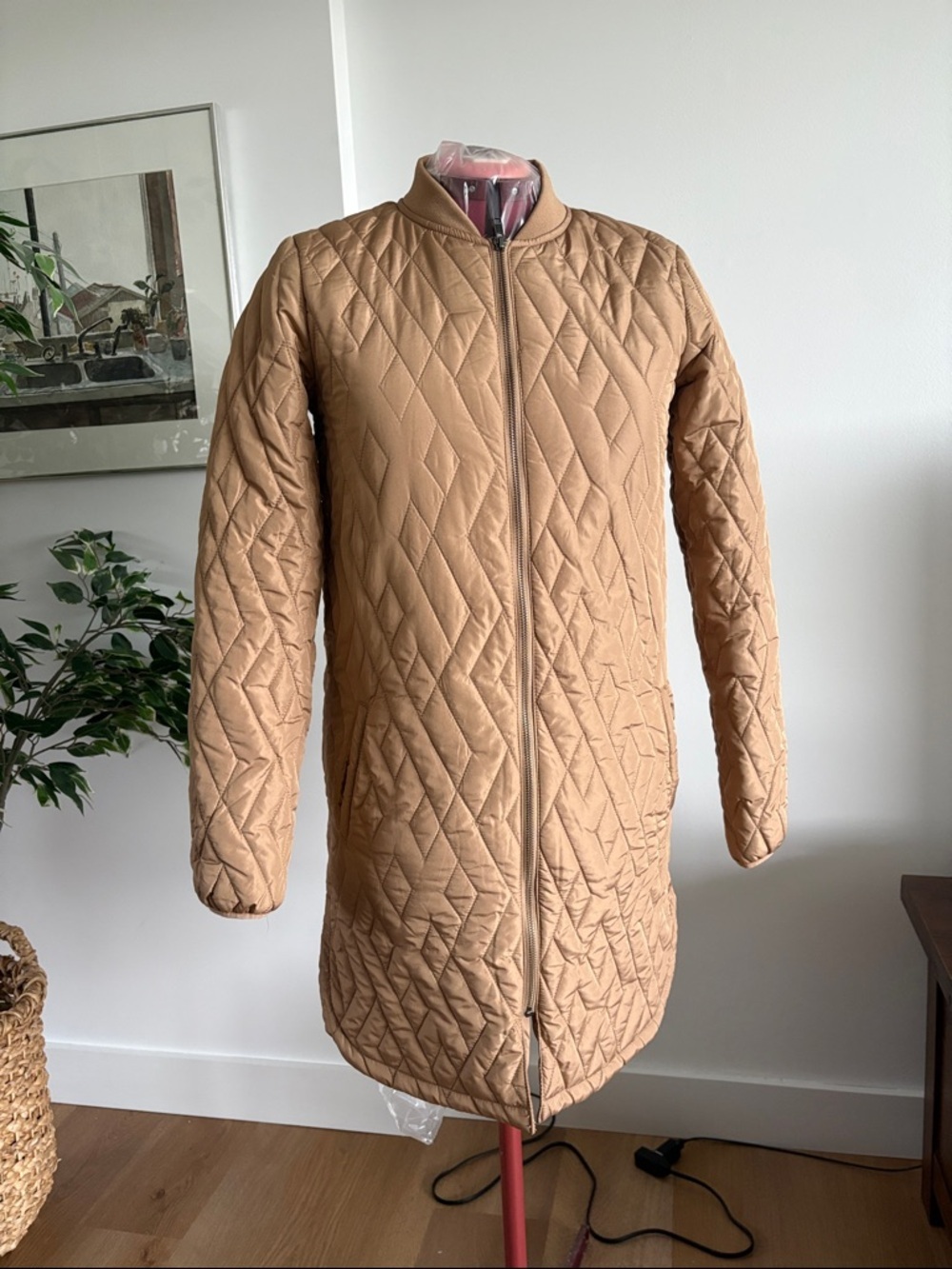 Quilted Long Puffer Coat in Camel